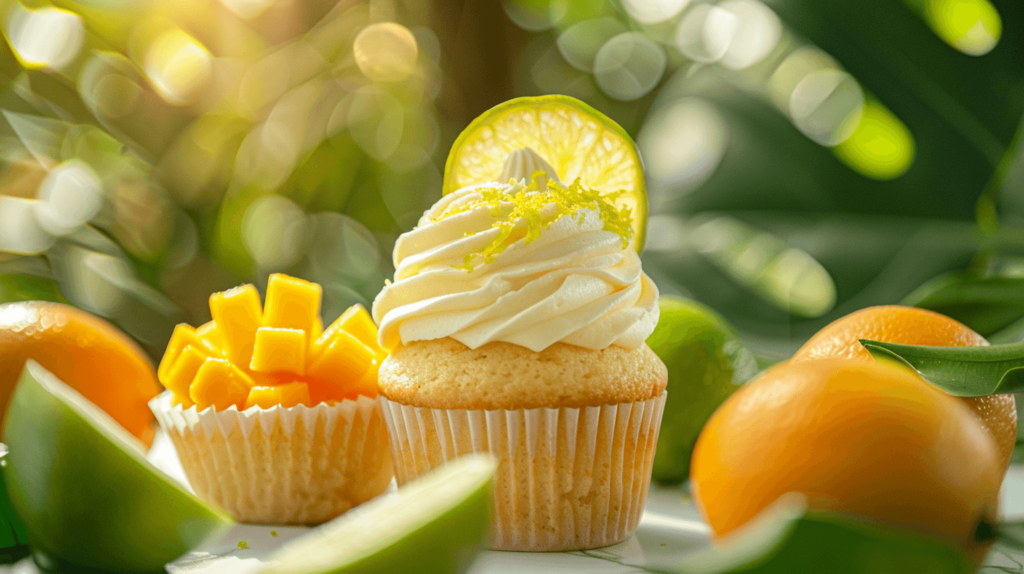There are mango lime cupcakes with lime buttercream filling and a slice of mango and lime zest on top. A tropical garden in the sun is in the background, and oranges and limes are close by.