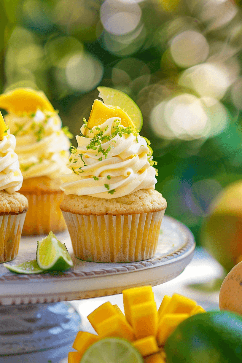 Mango lime cupcakes with a lime buttercream frosting, garnished with a slice of mango and a sprinkle of lime zest. Background shows a sunny tropical garden with mangoes and limes in the foreground.