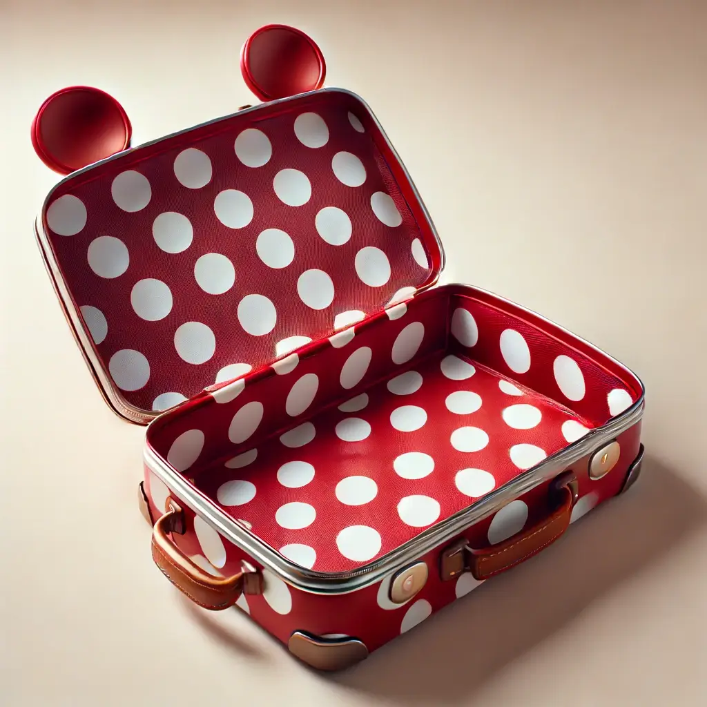 An empty suitcase that is red with white polka dots, open and ready to be packed. The suitcase is placed on a clean, light-colored surface with a simple background to emphasize its fun and whimsical design. The image captures the excitement and anticipation of preparing for a Disney trip. 