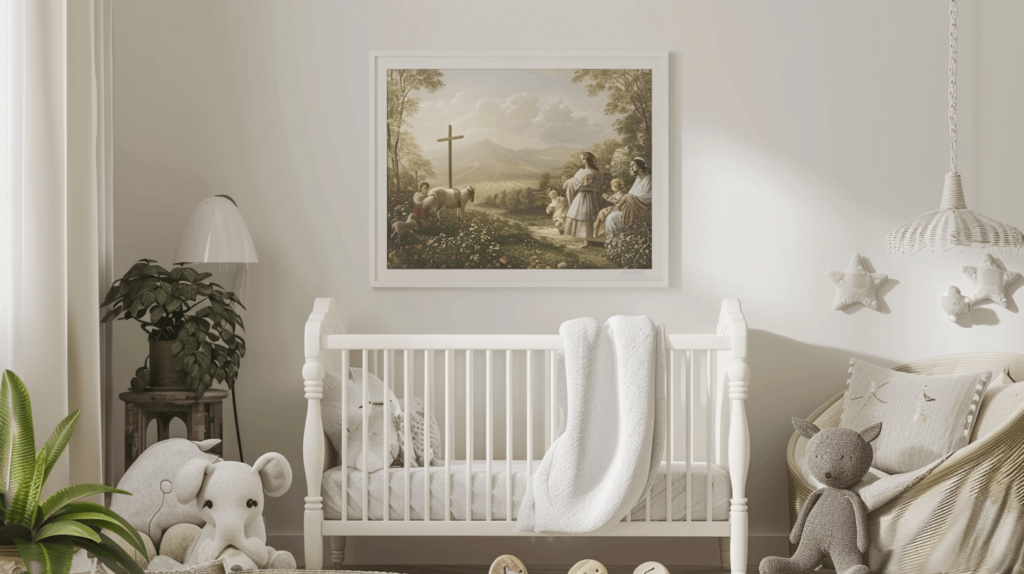 This nursery is calm and peaceful, with soft, neutral colors and warm, cozy furniture. There is a picture of a peaceful scene from the Bible in a frame on the wall, and there are soft toys all over the place, making it feel calm and friendly. The mood is warm and friendly, which is great for any baby. 