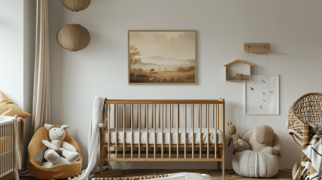 A serene nursery with soft, neutral colors featuring a crib and cozy decor. A framed picture of a peaceful biblical scene hangs on the wall, and plush toys are scattered around, creating a calm and welcoming environment. The overall atmosphere is warm and inviting, perfect for any baby. Biblical unisex names. 