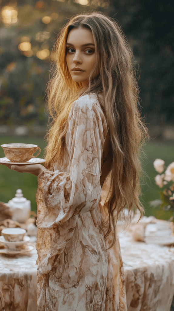 woman looking over her shoulder holding a tea cup