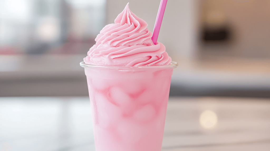 pink lemonade in a clear cup with whipped cream and a straw