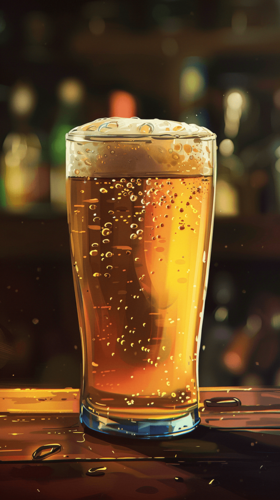 A realistic photo of a cold pint of beer on a wooden table. The beer glass is frosty with condensation, filled with golden beer topped with a thick, foamy head.