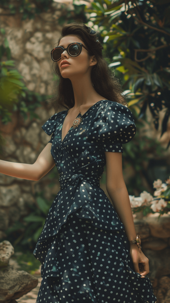 A full-length image of a woman in a vintage polka dot dress with a high waist, accessorized with a brooch and cat-eye sunglasses, standing in an outdoor garden setting. 