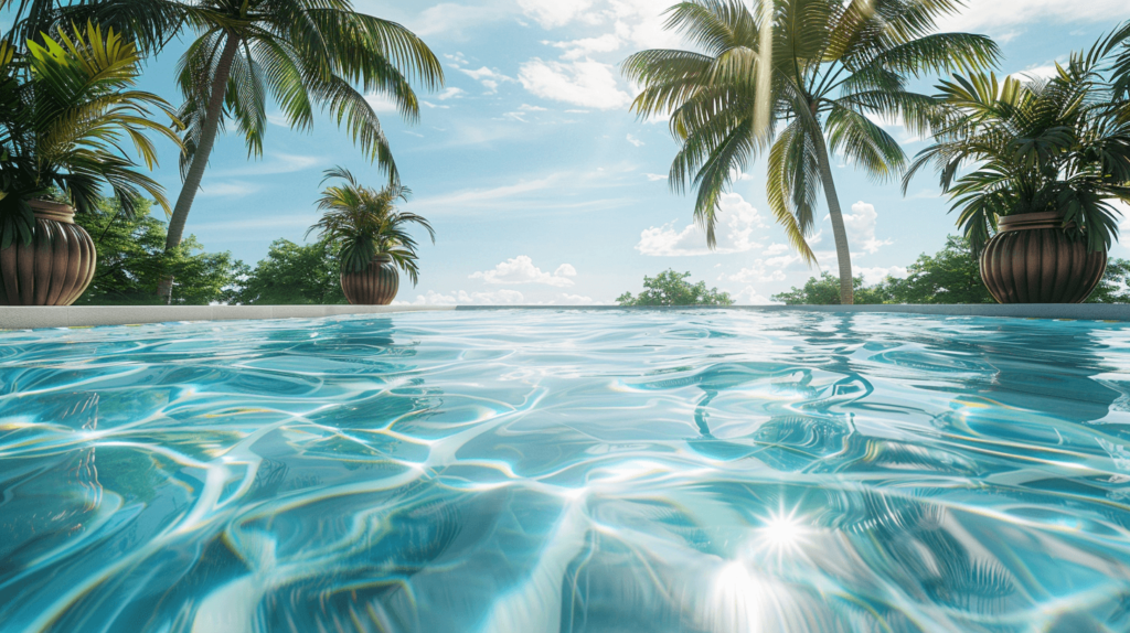 A realistic scene of a swimming pool on a sunny day. The pool has clear blue water with light reflecting off the surface. Palm trees in the background provide shade, and there are some potted plants adding a touch of greenery. The atmosphere is calm and inviting, perfect for a summer day. Summer Instagram captions
