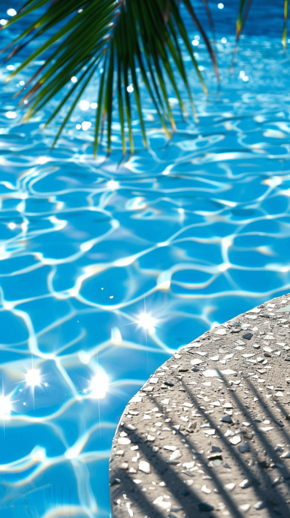 image of a sparkling swimming pool on a sunny summer day; summer captions