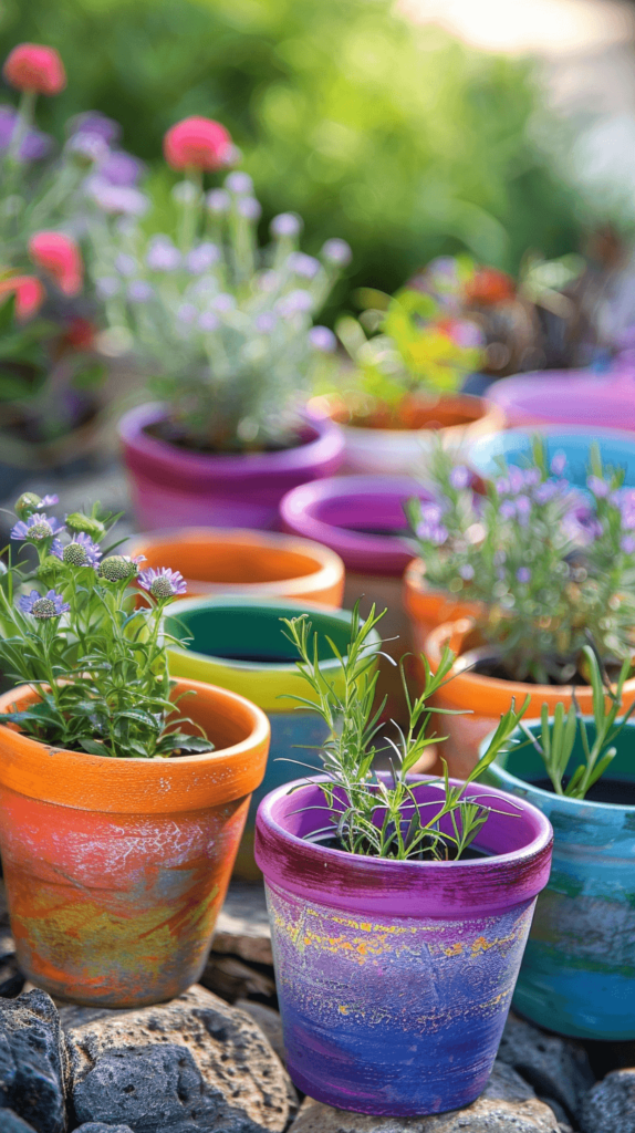 Small flower pots painted in bright colors, with flowers or herbs planted in them, set on a garden background.