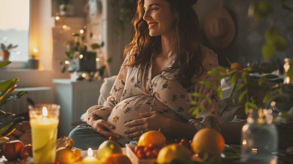 A pregnant woman sits peacefully in a warm, well-lit room, surrounded by healthy meals such as fruits, vegetables, and water, holding her tummy with a kind smile. 