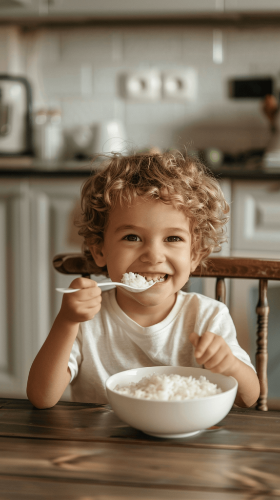 A young child, around 5 years old, sitting at a dining table and eating a bowl of rice with a spoon. The child has a big smile on their face, showing they are enjoying their meal. The setting is a cozy, well-lit kitchen with simple decor, emphasizing a warm and happy atmosphere. Cheap family meals under $10.