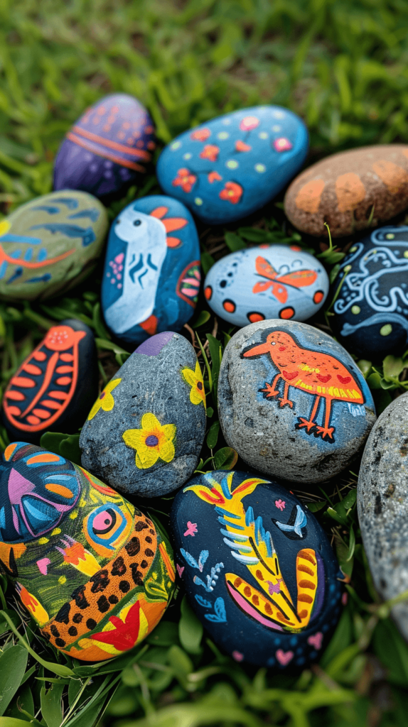 Smooth rocks painted with bright childlike designs like animals and patterns, scattered on a grassy background. 