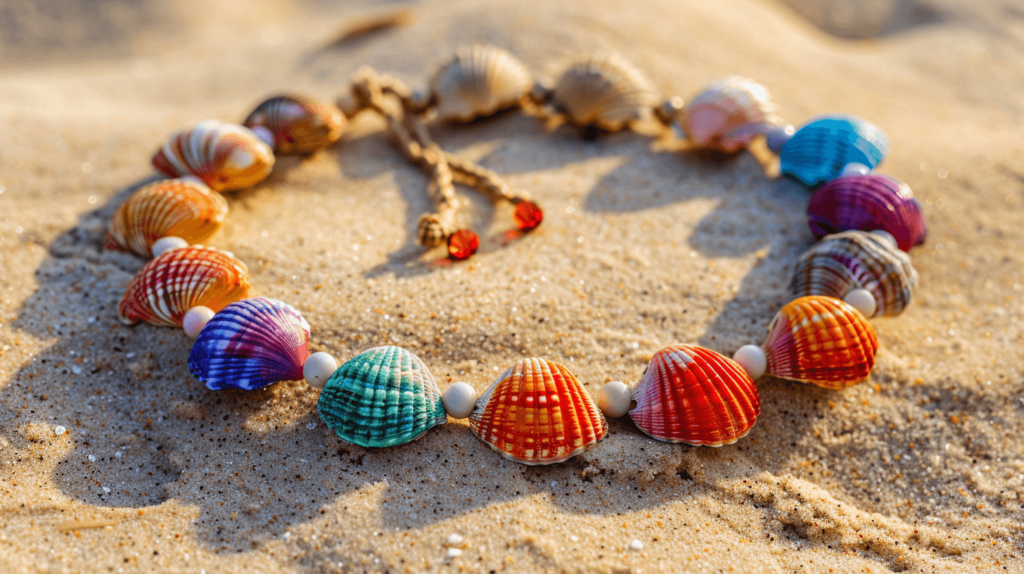 A painted seashell necklace made with vibrant, colorful shells threaded onto a string with a few beads, arranged in a circle on a sandy beach background, capturing the essence of summer crafts.