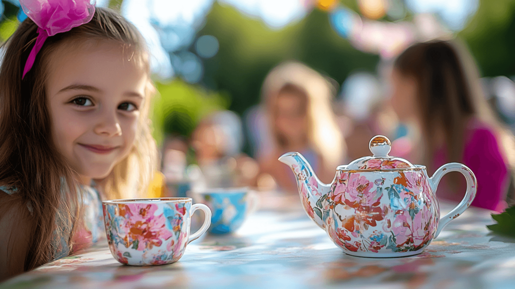 one girl in a colorful headband, kids tea party