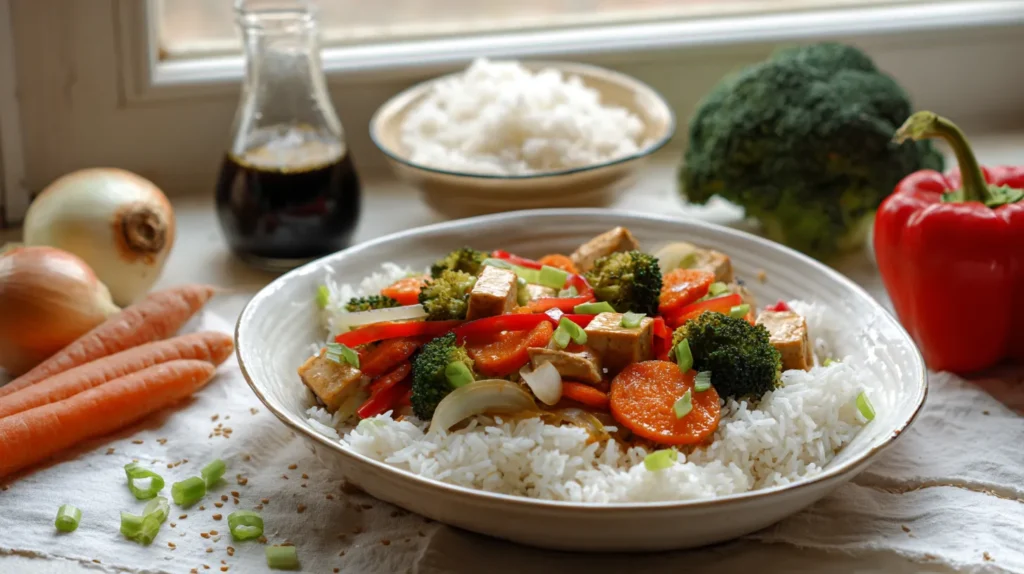Bowl of veggie stir fry with rice, broccoli, carrots, peppers, onion, and tofu