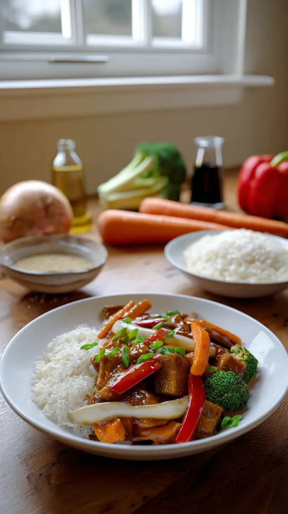 Homemade vegetable stir fry over white rice with tofu and fresh vegetables on a table