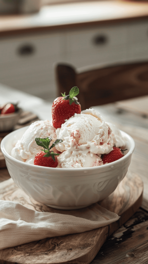 A realistic photo of a bowl of homemade ice cream on a wooden table. The ice cream is creamy and smooth, topped with fresh strawberries and a sprig of mint. The setting includes a rustic kitchen background with soft natural light. 