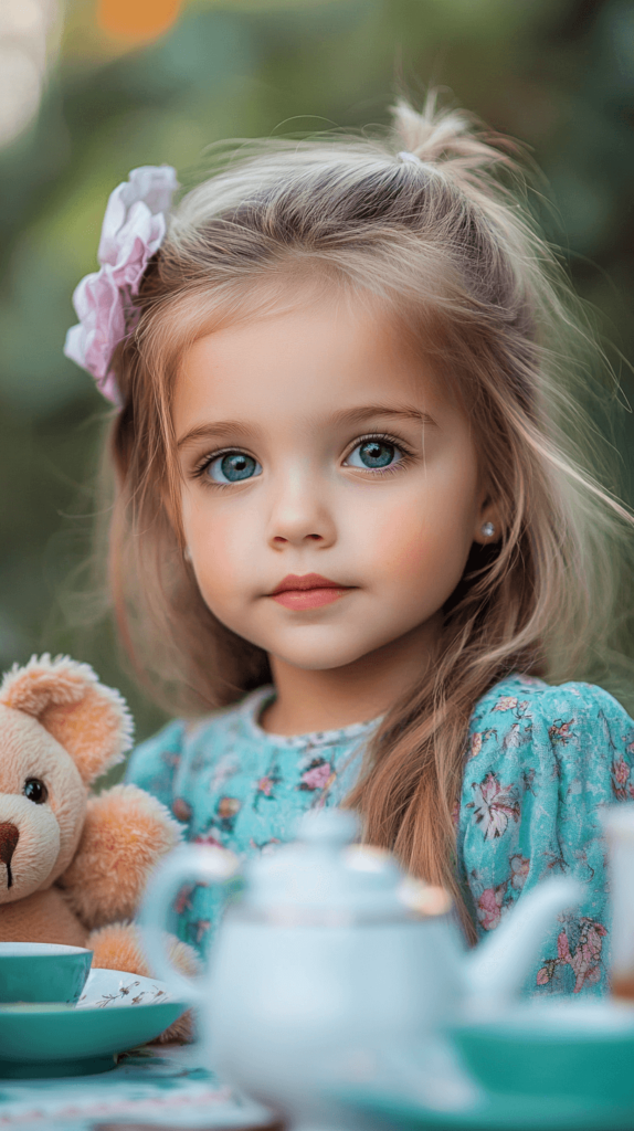 close up of a girl with a tea pot and a stuffed animal bear at a tea party