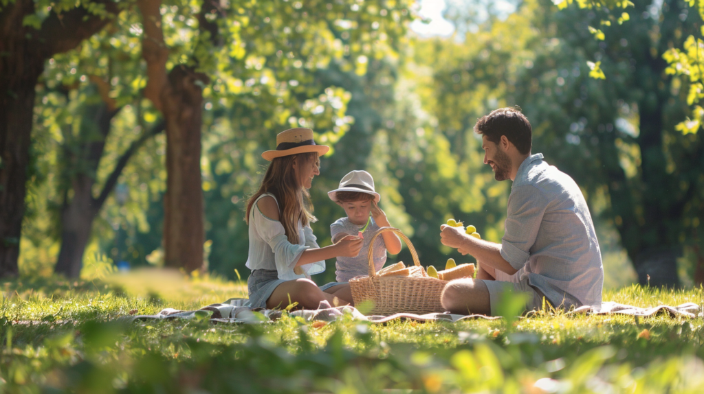 2 PM
A realistic photo of a family having a picnic in a park. They are sitting on a blanket on the grass, with a picnic basket and simple food items like sandwiches and fruit. The setting is a sunny day with clear skies, surrounded by green trees. 