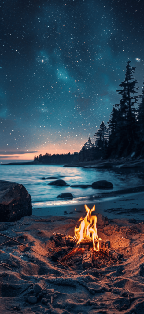 A cozy campfire on a beach with a starry night sky. 