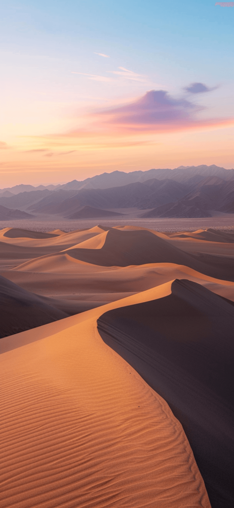 A calm desert landscape with rolling sand dunes. 
