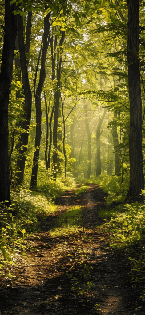 A tranquil forest path with sunlight filtering through the trees.
