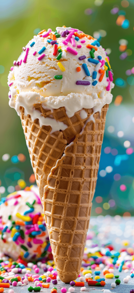 A vibrant ice cream cone with colorful sprinkles on a sunny day.
