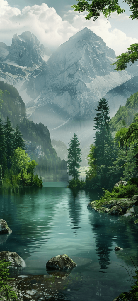 A peaceful mountain lake surrounded by lush green trees. 