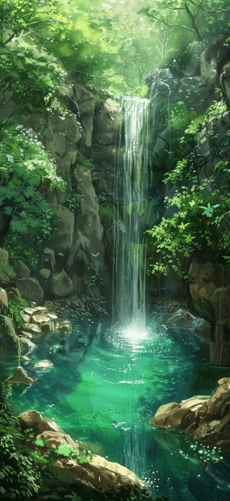 A refreshing waterfall cascading into a serene pool. summer background Iphone images