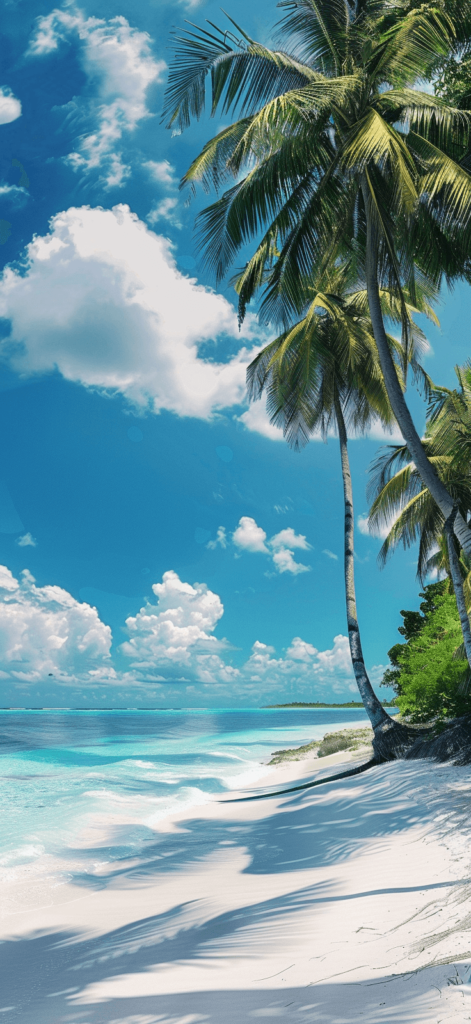 A tropical beach with coconut trees swaying in the breeze. Summer background iPhone images. 