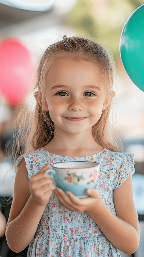 birthday girl holding a tea cup