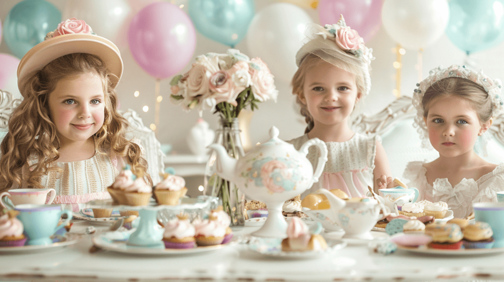 A whimsical tea party setup for kids with a pastel-colored tablecloth, mismatched teacups, and saucers. The table is adorned with small pastries, mini sandwiches, and cupcakes. Fresh flowers in a teapot centerpiece, with children in fancy hats and dresses enjoying the party. Balloons and streamers in the background add a festive touch. 