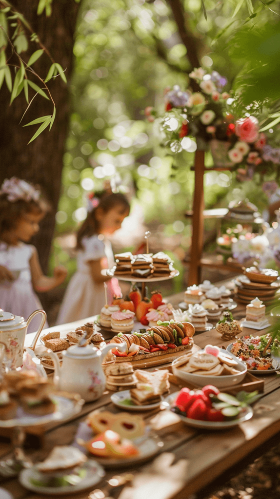 An enchanting garden tea party for kids with a wooden table set with miniature sandwiches, fruit platters, and decorated cookies. The table is adorned with small floral arrangements and whimsical teapots. Children in playful outfits are gathered around, enjoying the treats under a canopy of trees with dappled sunlight creating a magical ambiance.