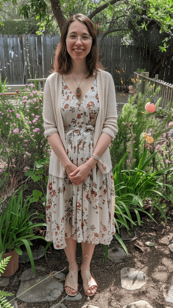 A woman wearing a knee-length floral dress with ballet flats and a light cardigan, standing in a garden setting.