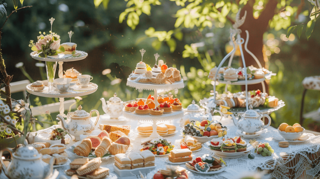 An adorable tea party set-up for kids with a white lace tablecloth and mini sandwiches, colored fruit platters, cookies, and pastries on it. There are small flowers on the table and fancy teapots and cups all around it. 