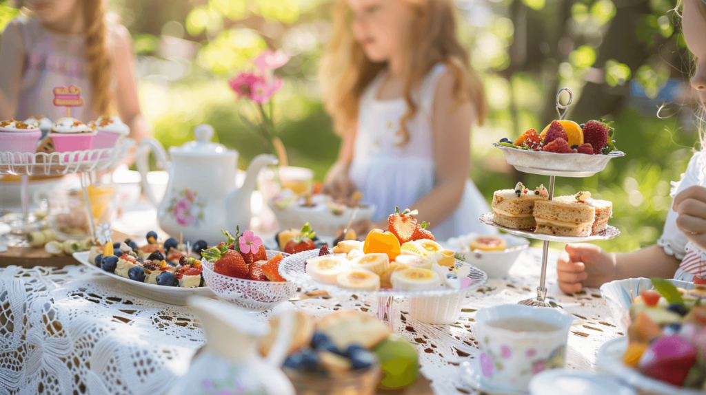A whimsical tea party setup for kids with a table covered in a white lace tablecloth, adorned with mini sandwiches, colorful fruit platters, cookies, and pastries. The table is decorated with small flowers, and fancy teapots and cups are placed around. A few children in casual clothing are sitting and enjoying the treats in a garden setting with soft sunlight filtering through the trees. 