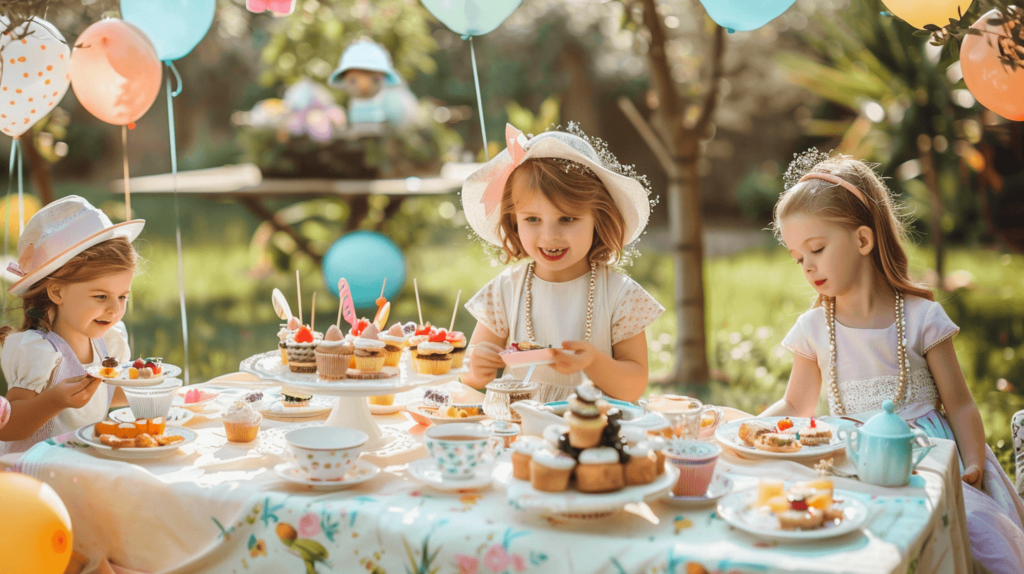 A little table draped in pastel tablecloth, mismatched teacups and saucers, little sandwiches, scones, fruit kebabs, and mini cupcakes sets up a lovely outdoor kids tea party in a garden. Children wearing elegant attire with pearls and caps are having fun at the celebration surrounded by vibrant balloons and floral decorations. 