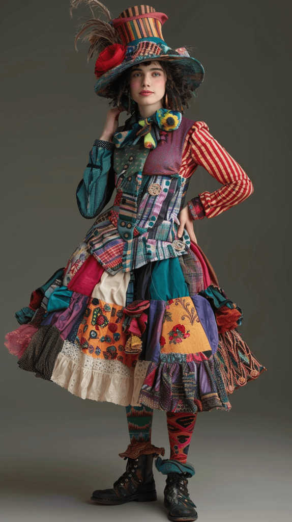 A woman in a quirky, colorful Mad Hatter-themed outfit with mismatched patterns and a funky hat.