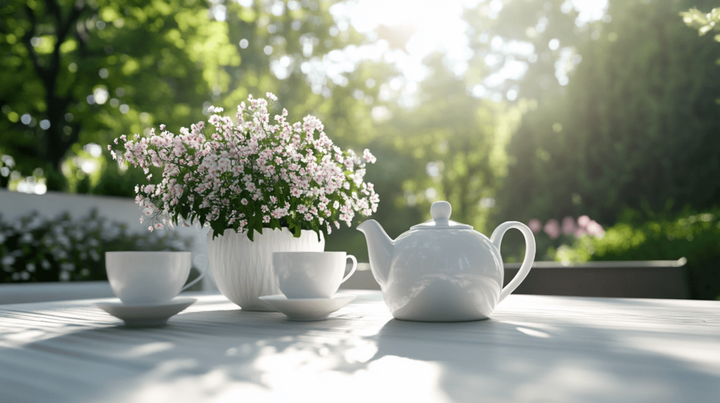 white tea pot, two tea cups, and flowers