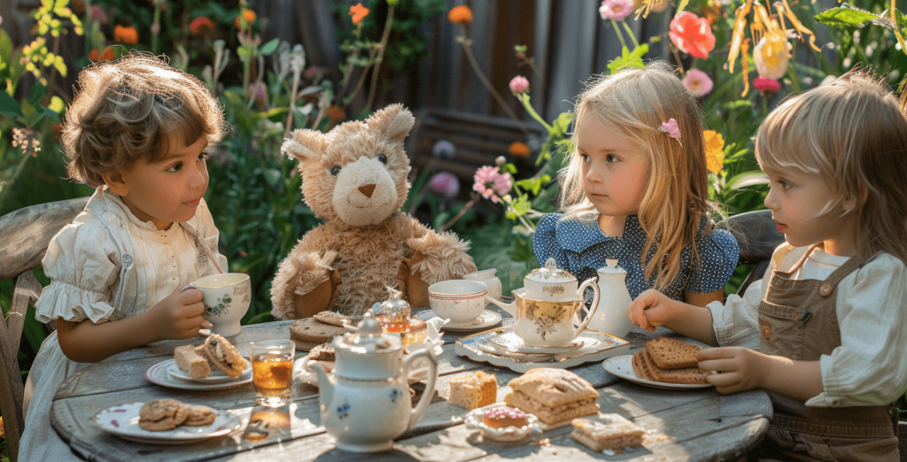 Kids in an outdoor garden having a real tea party with their stuffed animals. A small table with cookies, snacks, and a real tea set is in the scene. Everyday clothes are on the kids, and their toy animals are sitting around the table with tiny plates and cups. The garden is naturally pretty, with flowers in bloom and grass that is green, catching a real, happy moment.