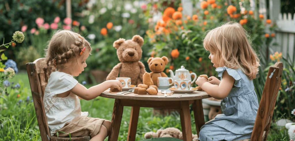 Children having a realistic tea party with their stuffed animals in a backyard garden. The scene features a small table set with a real tea set, cookies, and sandwiches. The children are dressed in everyday clothes, and their stuffed animals are seated around the table with tiny cups and plates. The garden is naturally decorated with blooming flowers and green grass, capturing a genuine, joyful moment. 