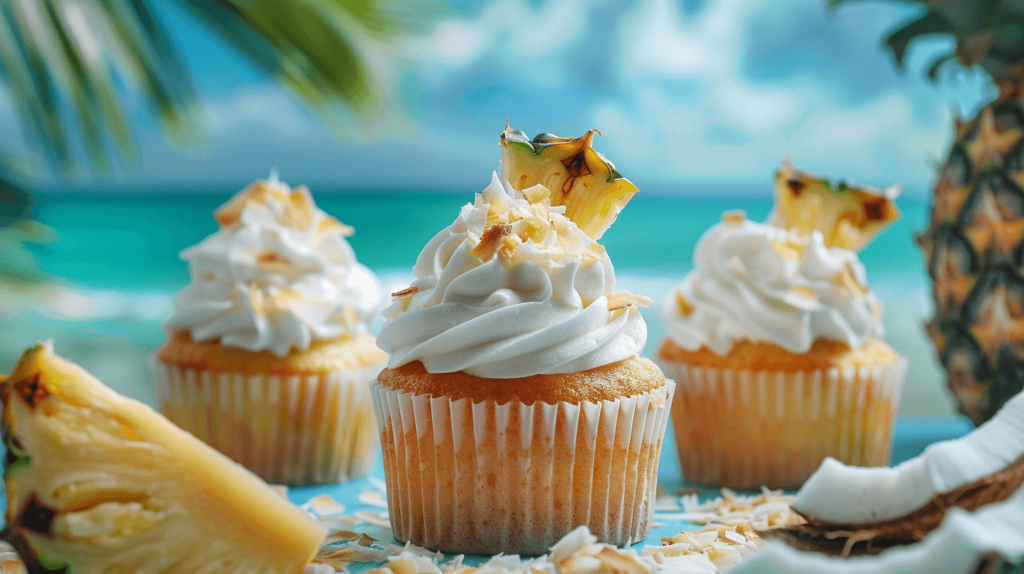 A set of tropical pineapple coconut cupcakes with creamy frosting topped with toasted coconut flakes and a small pineapple wedge. The background shows a tropical beach scene with palm trees and a clear blue ocean.