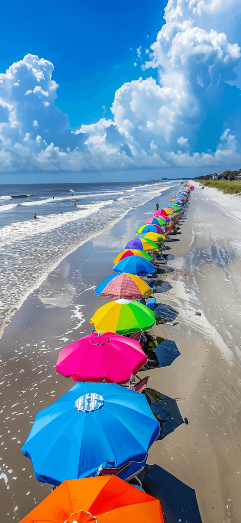 Colorful beach umbrellas lined up on a busy shoreline. iphone wallpaper summer