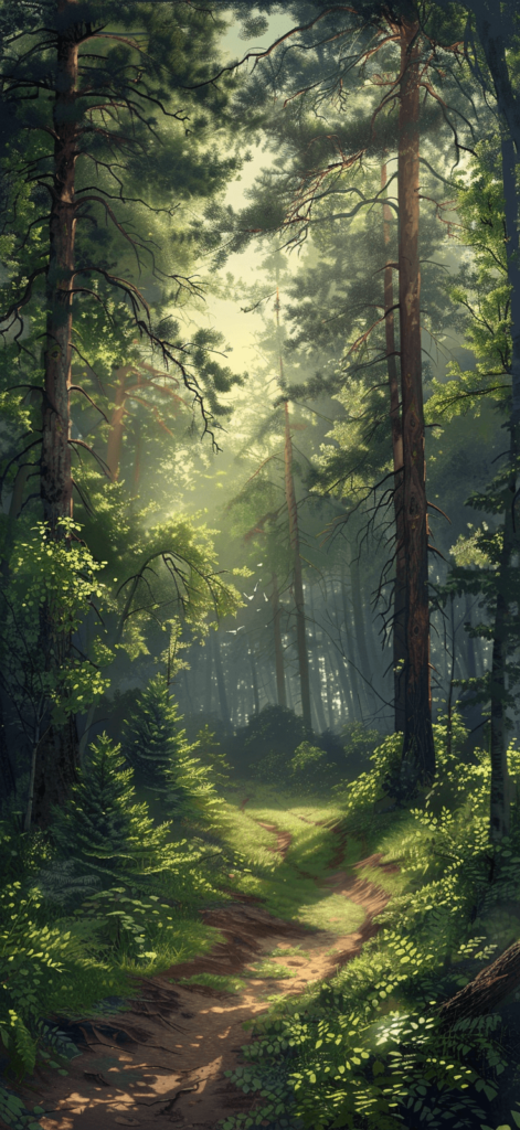Sunlit forest with tall, green trees and a dirt path winding through. iphone wallpaper summer