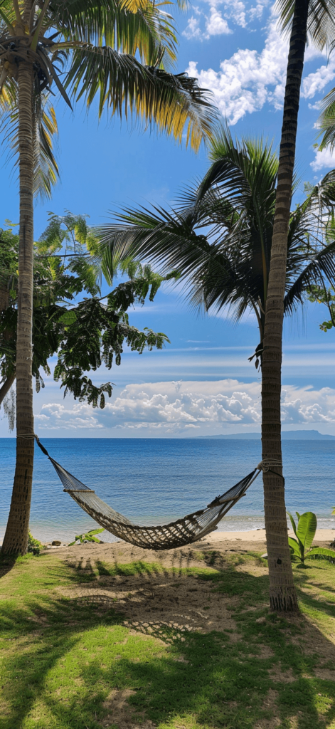 A hammock strung between two palm trees with the ocean in the background. iphone wallpaper summer