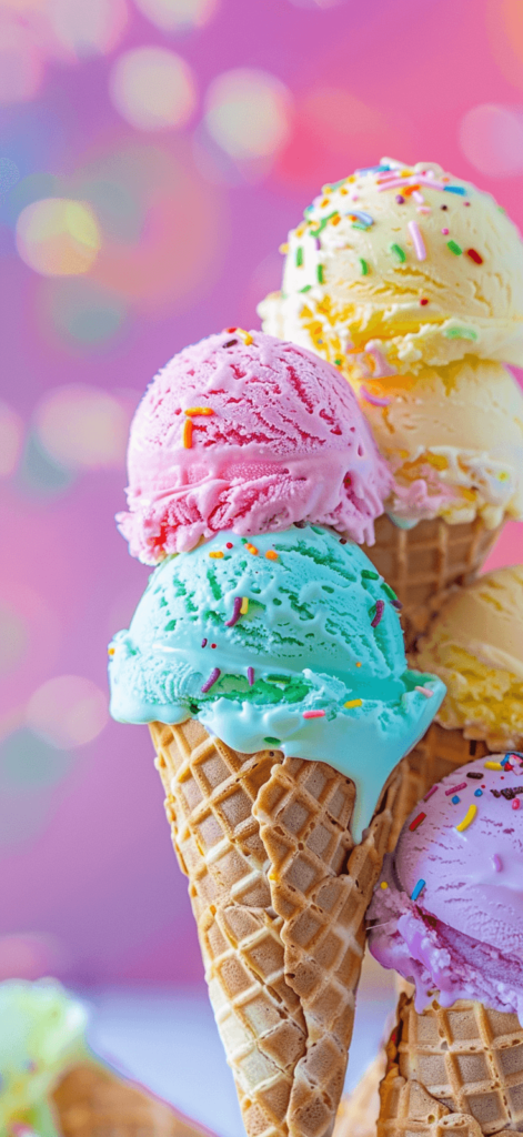 Ice cream cones in vibrant colors, melting in the summer sun.