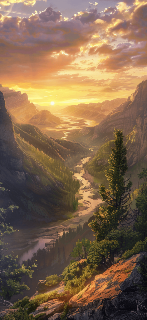 A sunset view from a mountain top, overlooking a valley with rivers and forests. 