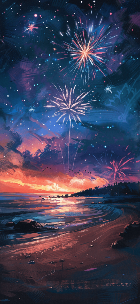 Fireworks lighting up the night sky over a beach.