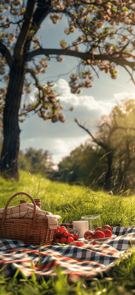 A picturesque picnic setup on a grassy meadow with a checkered blanket and a basket. iphone wallpaper summer
