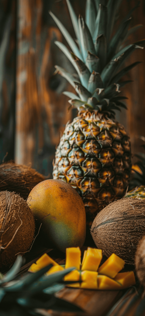 A close-up of tropical fruits like pineapples, mangoes, and coconuts on a wooden table.