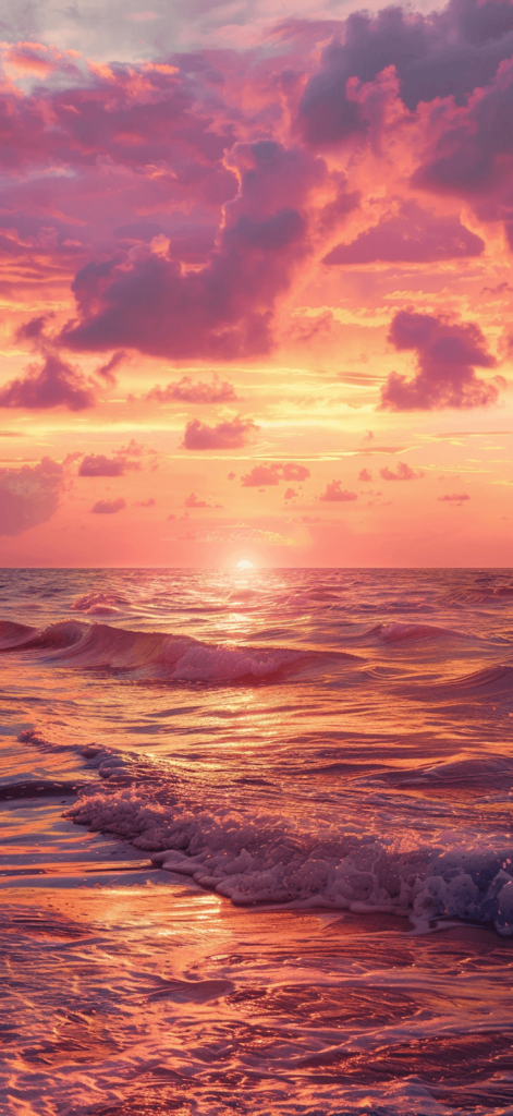 Golden sunset over the ocean, with the sky painted in shades of pink, orange, and purple.
